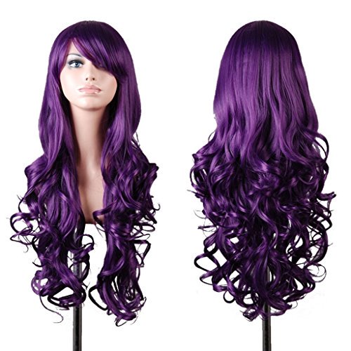 EmaxDesign Perruques 32 Pouces Perruque Cosplay pour Femmes avec Capuchon de Perruque et Peigne (Violet Foncé)