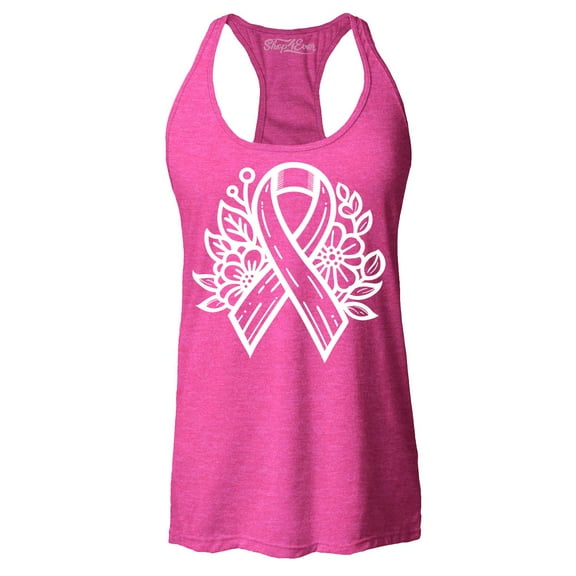 Shop4Ever Women's Breast Cancer Ribbon Flowers Racerback Tank Top X-Small Fuchsia