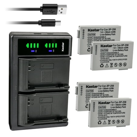 Kastar 4-Pack Battery and LTD2 USB Charger Replacement for Canon BP-208 BP208 BP-208DG Battery  Canon DC10  DC19  DC20  DC21  DC22  DC40  DC50  DC51  DC95  DC100  DC200  DC201  DC210  DC211 Cameras