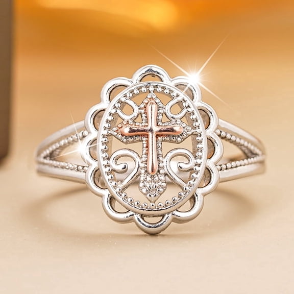 Two-Tone 925 Sterling Silver Plated Cross Statement Rings for Women Men,Victorian Religious Style Signet Oval Shape Cross Ring for Women's Jewelry Gifts Size 6-10(6#)