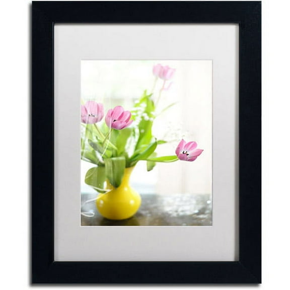 Trademark Fine Art "Pink Tulips in Yellow Vase" Canvas Art by Lois Bryan, White Mat, Black Frame
