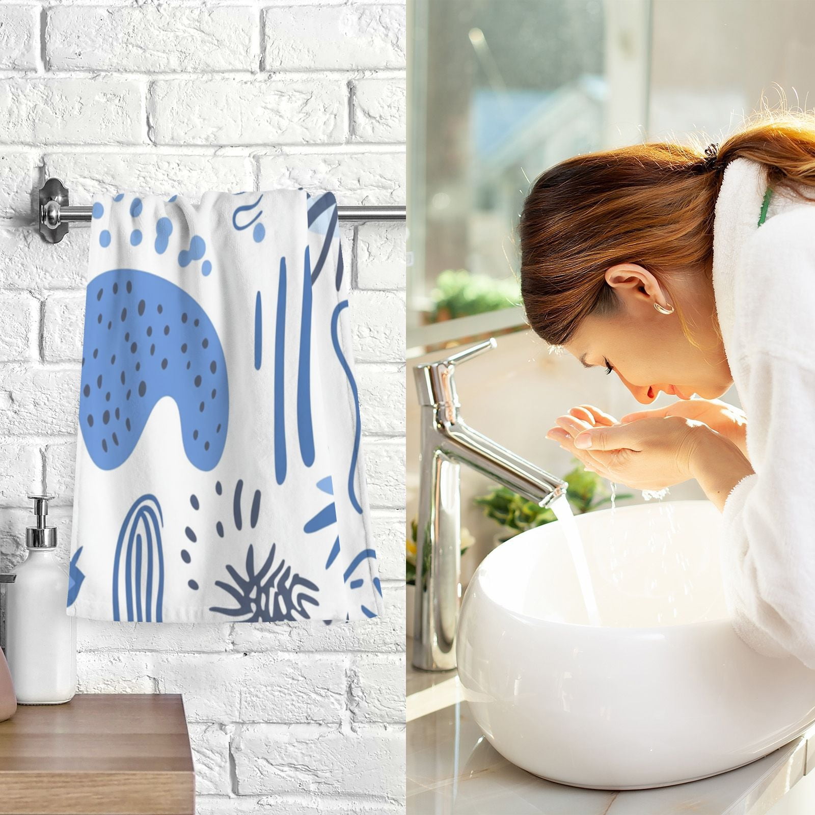 Abstract Blue Shapes Doodles Hand Towels Cotton Bath Towels Large Face Towels Absorbent for Bathroom 2 Packs