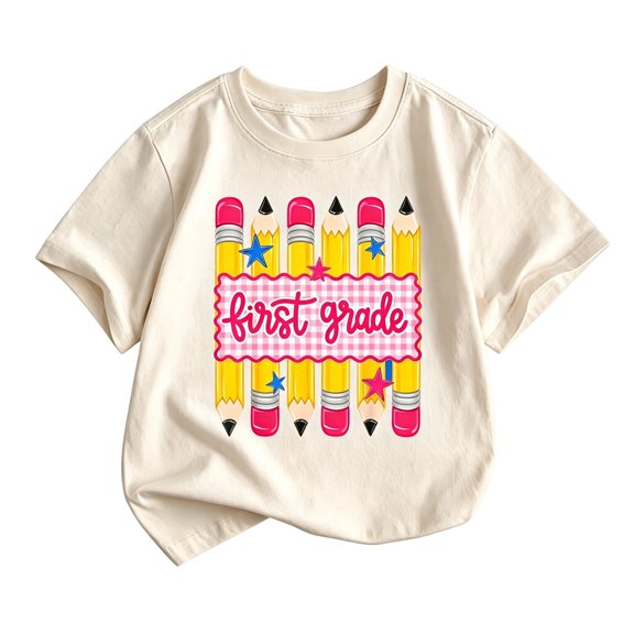 Bainana Girls First Grade T Shirts Letter Print Short Sleeve Tops Big Kids Lightweight Back To School Tshirts