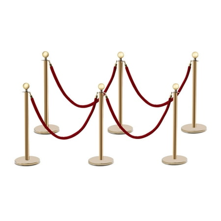Loyalheartdy 6Pcs Gold Stainless Steel Stanchion Set, 39.4"H Sentry Post Crowd Control Barriers Queue Line w/5Ft Red Velvet Rope