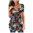 thumbnail image 1 of 2023 Women's Floral Tunic Tops Casual Blouse V Neck Short Sleeve Buttons Up T-Shirts, 1 of 6