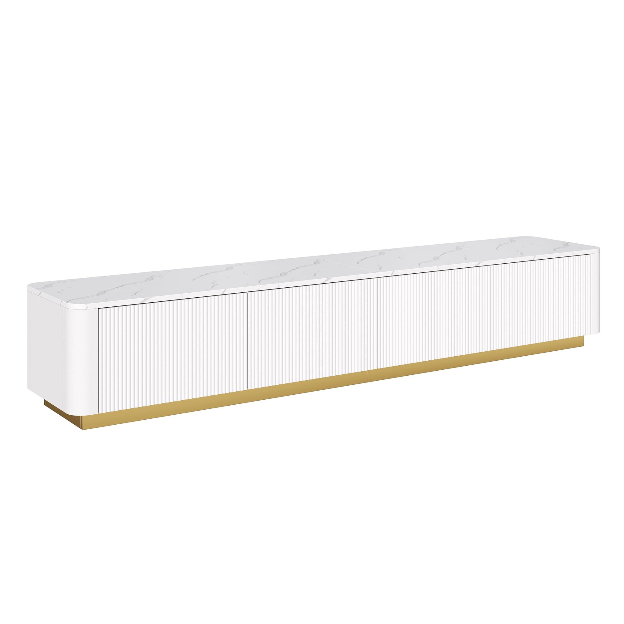 HIUU Luxury TV Stand with Faux Marble Table Top,Marble TV Stand Modern,Fluted TVs Console with Storage for TVs Up to 85",White Entertainment Center with Gold Base