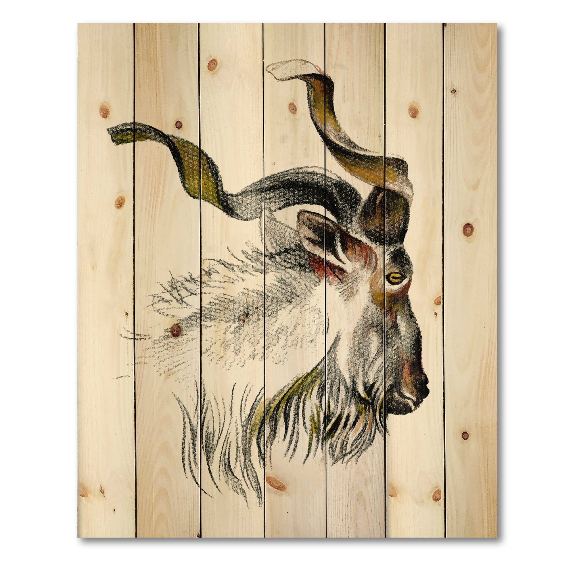 Designart 'Black and White Portrait Of Goat II' Farmhouse Print on Natural Pine Wood