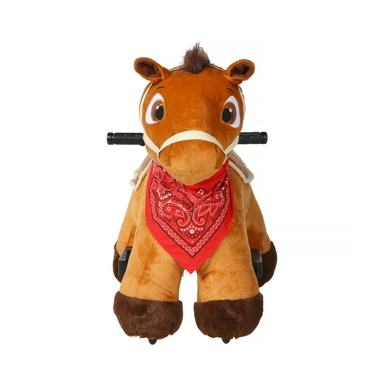 6 Volt Stable Buddies Chestnut Horse Plush Ride On by Dynacraft with Removable Bandana and Play Stable Included Walmart