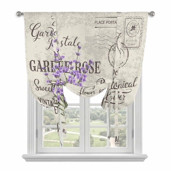 Purple Lavenders Eater Tie Up Curtains for Window, Thermal Insulated Balloon Shade Adjustable Rod Pocket Curtains Valance Panels for Kitchen Bathroom Cafe 52 x 45 Vintage Floral Retro Art