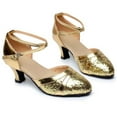 thumbnail image 4 of Hinvhai Women's Sequined Heels Leather Pointed Toe Kitten Heel Latin Ballroom Dance Shoes Gold 7(39), 4 of 8