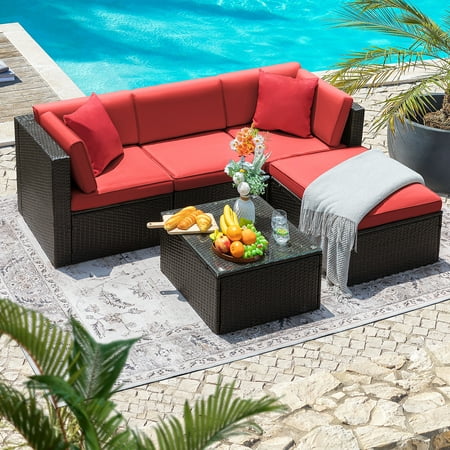 Lacoo 5 Pieces Patio Sectional Sofa Sets All-Weather PE Rattan Conversation Sets With Glass Table, Red