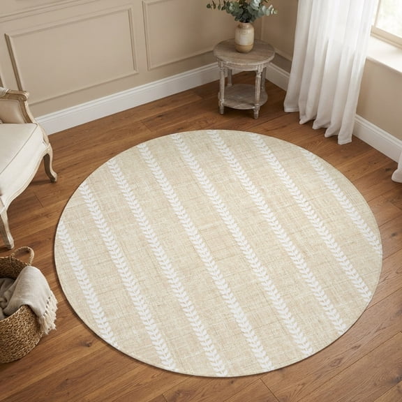 Round Area Rugs 4Ft, Cream Striped Non-Slip Washable Circle Rugs Carpet, Modern Rustic Minimalist Lines Texture Indoor Outdoor Rug Floor Mats Throw Runner for Bedroom Living Room Bathroom