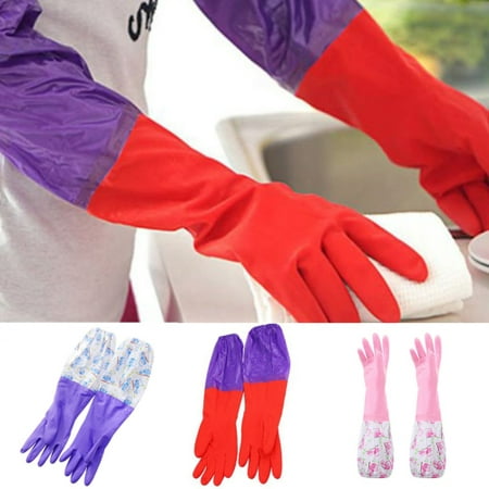 

SPRING PARK 1 Pair Rubber Latex Waterproof Dishwashing Gloves 1 Pair Long Cuff Flock Lining Household Cleaning Gloves