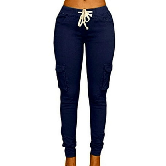 Women's Solid Color Stretch Cargo Joggers Casual Pockets Drawstring Skinny Pants Navy Blue