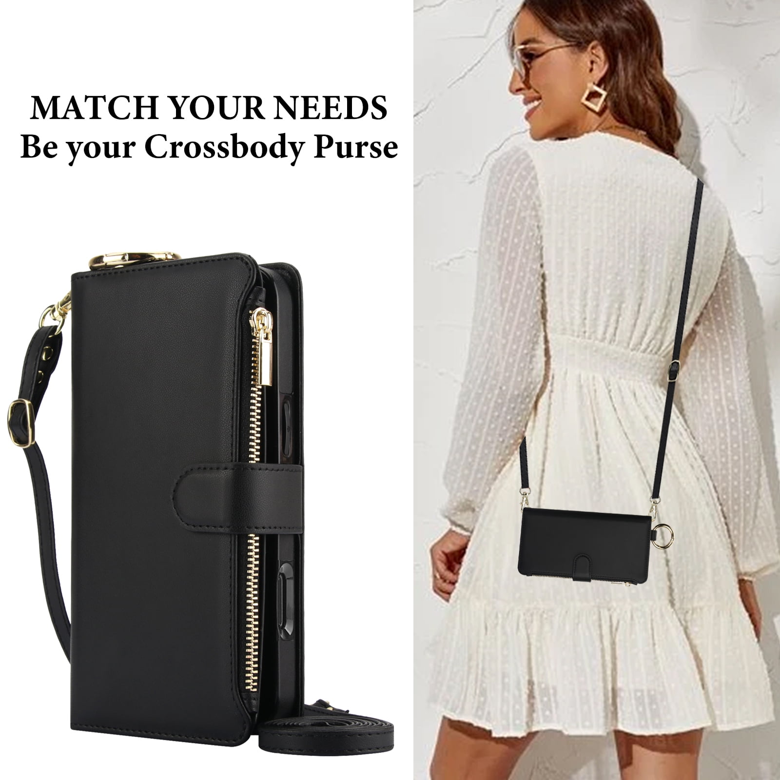 ELEHOLD For iPhone 13 Pro Max Phone Case Leather Crossbody Zipper Card Wallet Flip Case Kickstand Cover, with Ring Holder,Full Body Protection-Black
