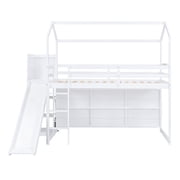 Pinovk Twin Size Wood House Loft bed with Slide, Storage shelves and Light, White