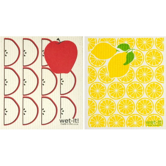 Wet-It! Swedish Treasures Dishcloth & Cleaning Cloth - Set of 2 - Lemons & Apple Slices - (Paper Towel Replacement)