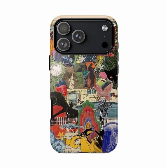 Fantasy Gothic Art Phone Case, Detailed Black Cat & Skeleton Collage, Trippy Vintage Style Cover for iPhone 17 16 15 14 13 12 11 Pro Plus Mini