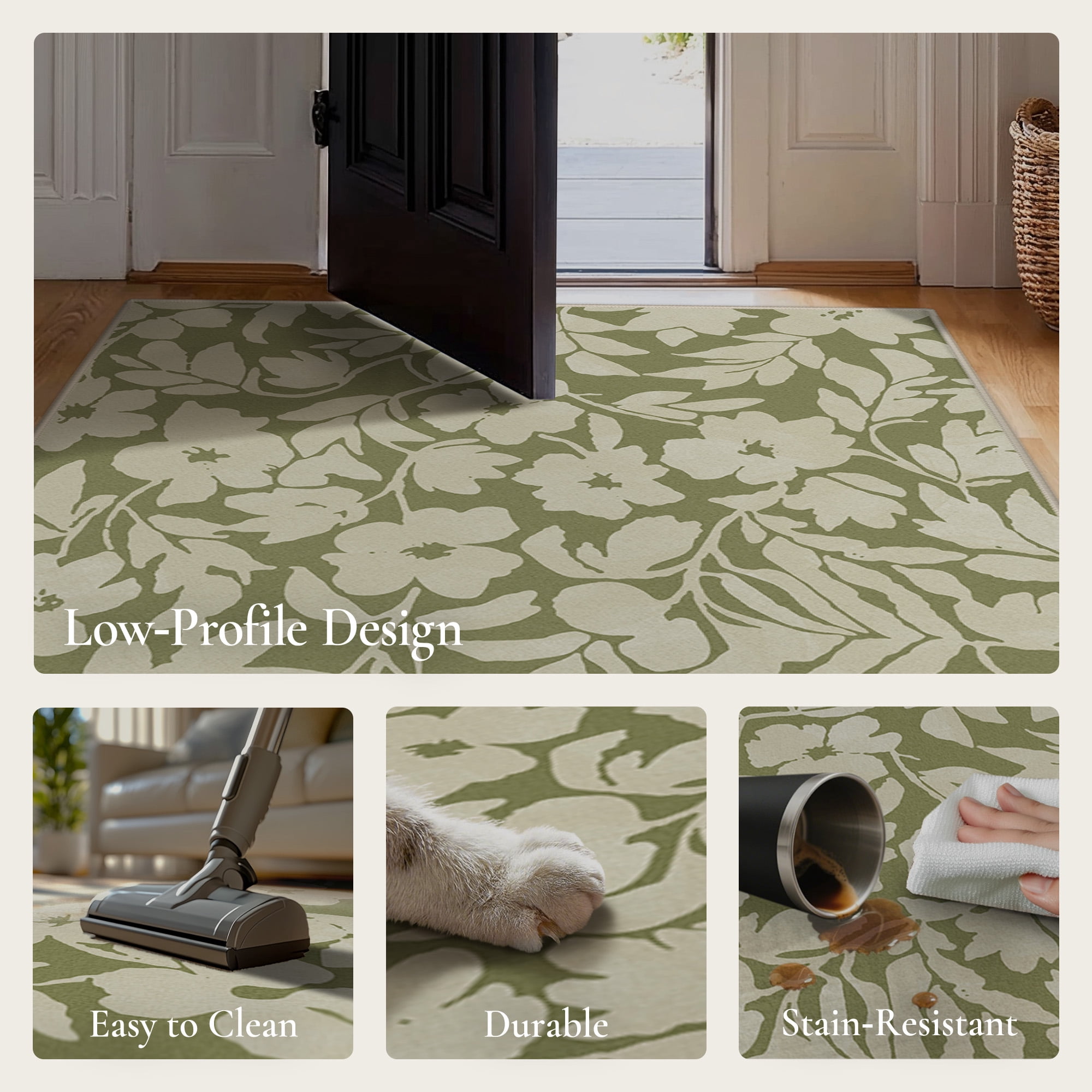 KUETH 8x10 Vintage Floral Area Rugs Machine Washable Rugs for Living Room, Non Slip Flat Pile Rug with Rubber Backing, Boho Rug for Entryway Bedroom Dining Room Home Office