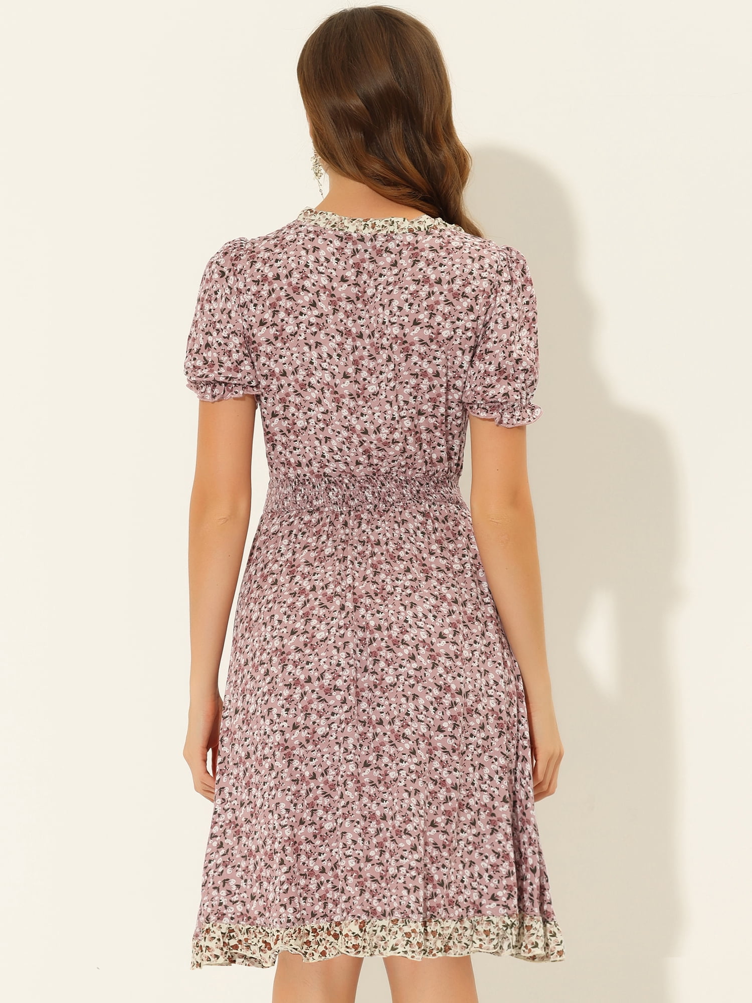 DARING DIVA Floral Ruffle Neck Smocked Waist Dress M Pink