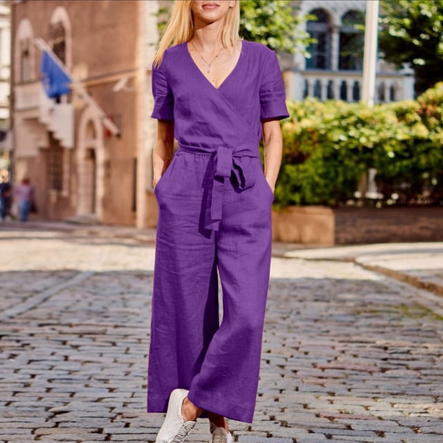 LSLJS Combinaison Pantalon Ample Sans Manches en Coton et Lin pour Femme, Bretelles Spaghetti, Extensible, Unie, avec Poches