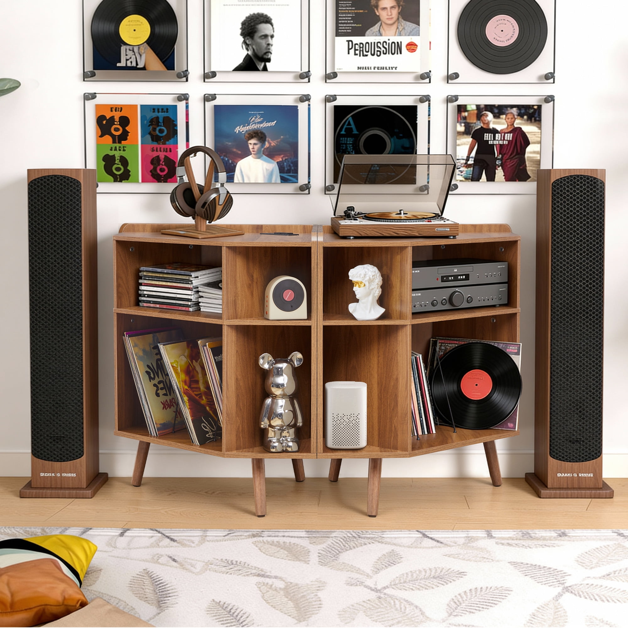 YOCWO Triangle Record Player Stand with Charging Station, Turntable Stand Table Holds Max 200 Albums, Corner Vinyl Record Storage Cabinet with Wood Legs for Living Room Bedroom Office, Walnut