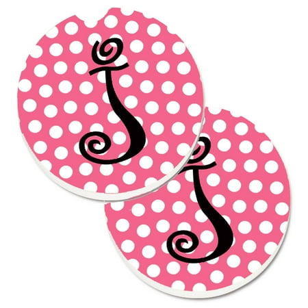 

Carolines Treasures CJ1001-JCARC Letter J Monogram - Pink Black Polka Dots Set of 2 Cup Holder Car Coasters Large