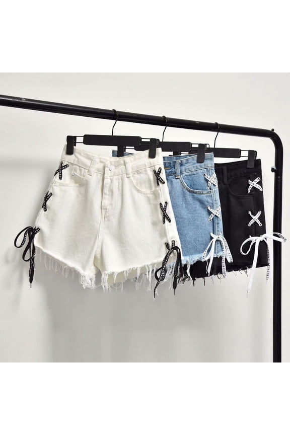 Jeans Shorts for Women Low Rise Ripped Raw Hem Denim Shorts Y2K Casual Streetwear Black S