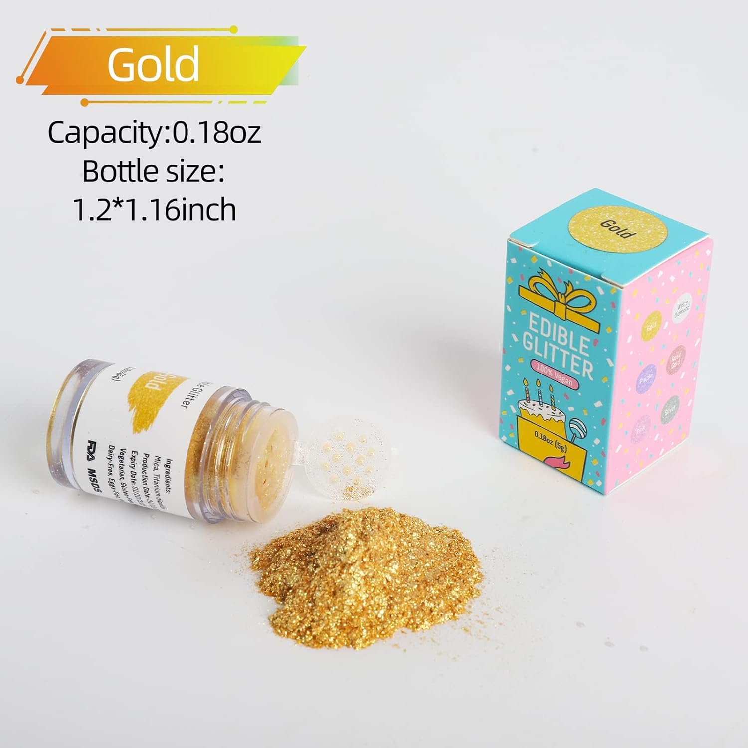 Edible Glitter Dust - 5 Grams Food Grade Shimmering Disco Glitter Vegan Metallic Food Coloring Sprinkle on Sparkle for Strawberries, Chocolates, Fondant Pops, Drinks Luster & More - Gold