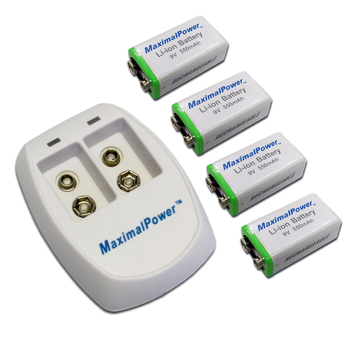 MaximalPower Four 9V Replacement Batteries and Dual Port Charger for 9V