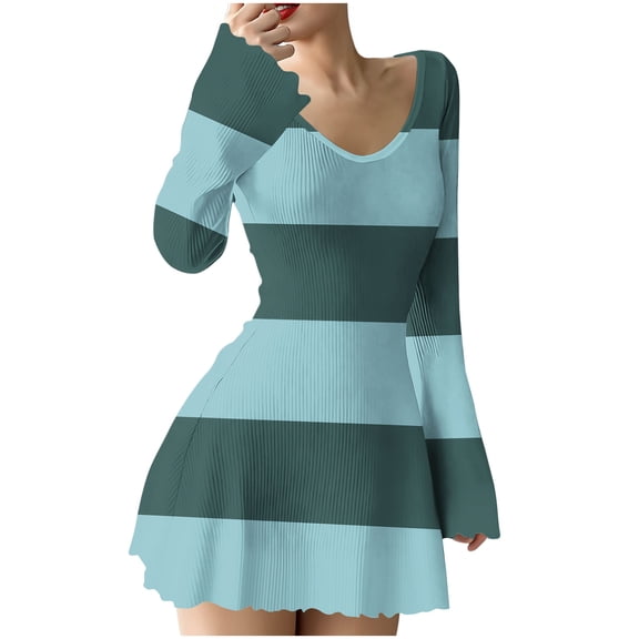 Zpanxa Sweater Dress for Women, V Neck Striped Ribbed Knit Mini with Ruffled Hem