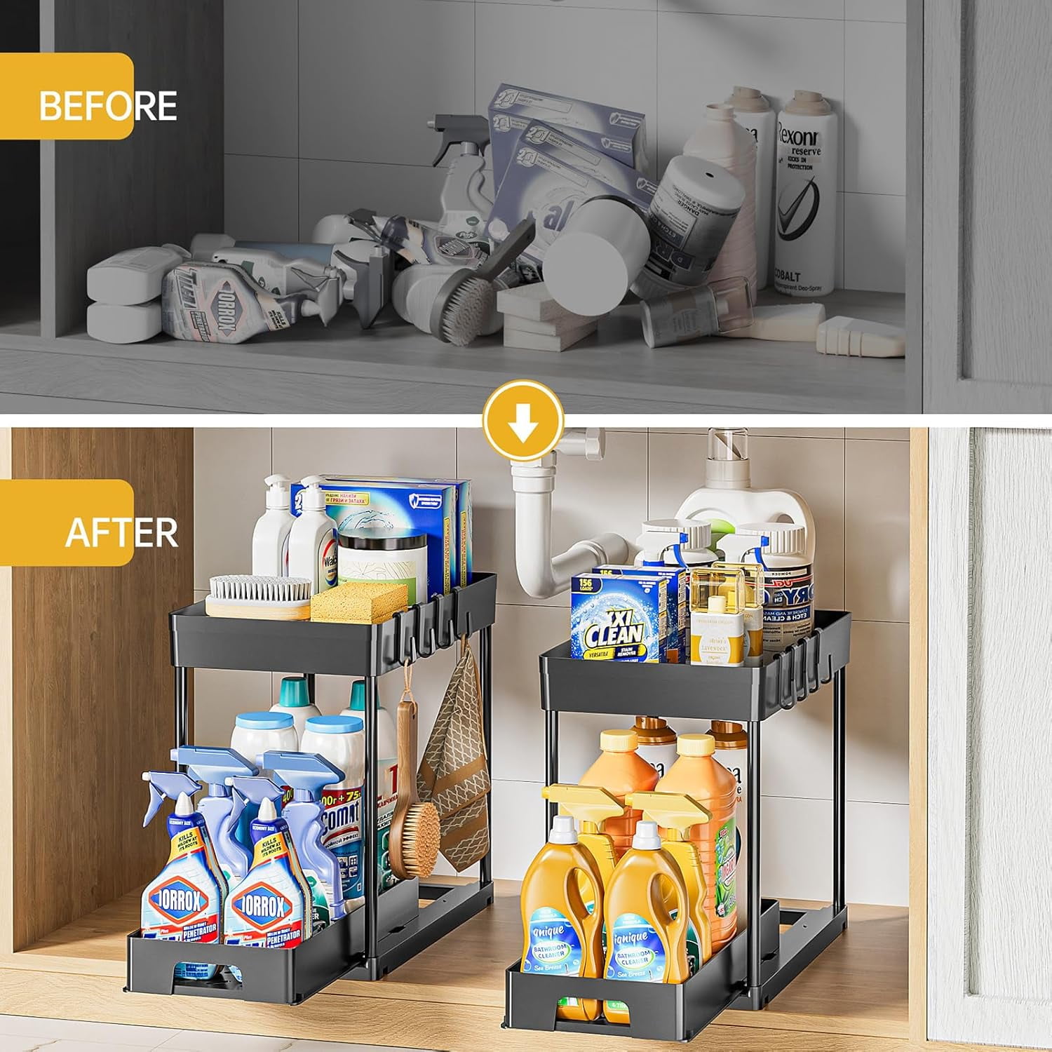 Delamu 2 Pack Under Sink Pull-Out Storage Tier with Hooks, Black, Bathroom, Kitchen Cabinet