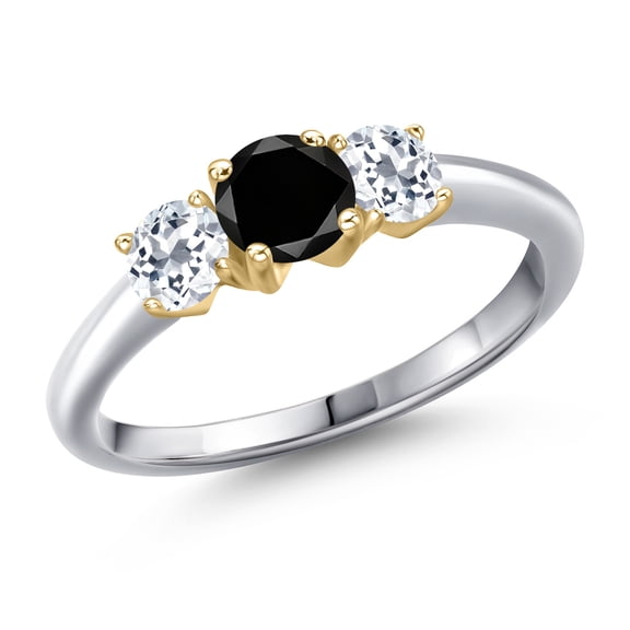 Gem Stone King 925 Silver and 10K Yellow Gold Black Diamond and White Topaz Engagement Ring for Women | 1.21 Cttw | Round 5MM | Gemstone April Birthstone | Size 9