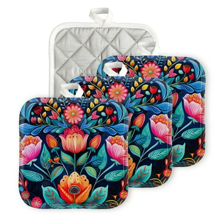 

BaHomeck Pot Holders 4pcs dacron Made Square heat-resisting mat Machine Washable for Kitchen Oven Hot Pads 6.7inch*6.7inch Vibrant And Colorful Illustration Of Traditional Folk Art Floral Patterns