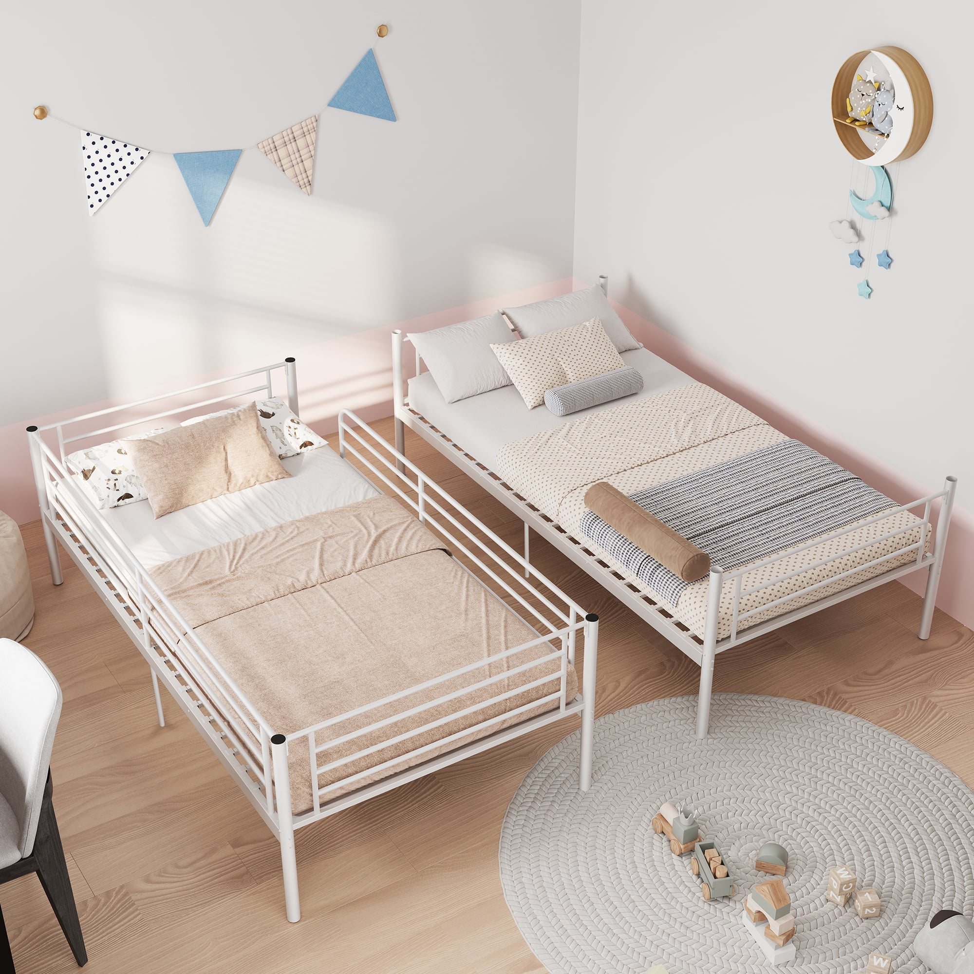 Mintazer Twin Over Twin Detachable Metal Bunk Bed with Ladder & Guardrail for Teen Adult Bedroom Dormitory, White
