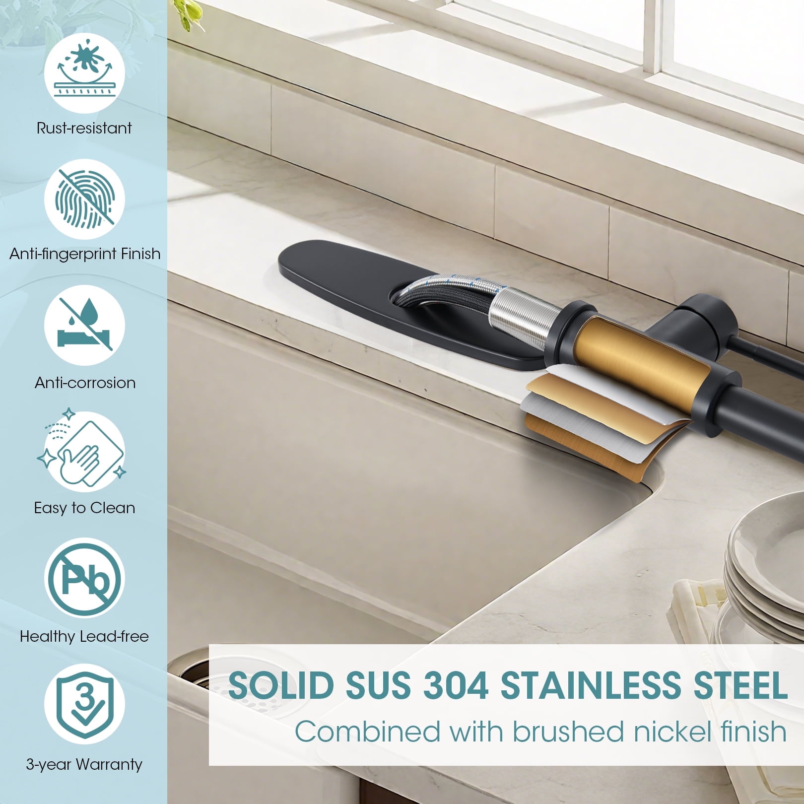 Wowkk Sanitary Ware Kitchen Sink Faucet with Pull Down Sprayer, Single Handle SUS304 Stainless Steel Kitchen Faucets with Deck Plate to Cover 1 or 3 Holes for Bar, Laundry, Matte Black