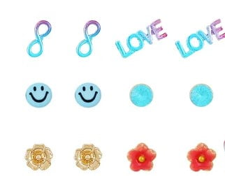 Young Women's Wonder Nation mulit color 21 Pack Stud Earring Set featuring Butterflies, Love, and Hearts.