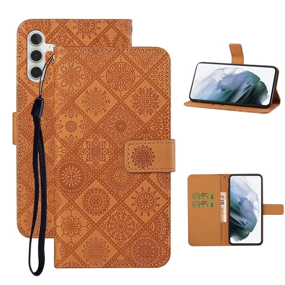 Feishell Flip Case Compatible with Samsung Galaxy A14 5G,Wallet Case with Card Holder Stand PU Leather Embossed Pattern Slim TPU Bumper Shockproof Magnetic Clasp Folio Phone Cover,Brown