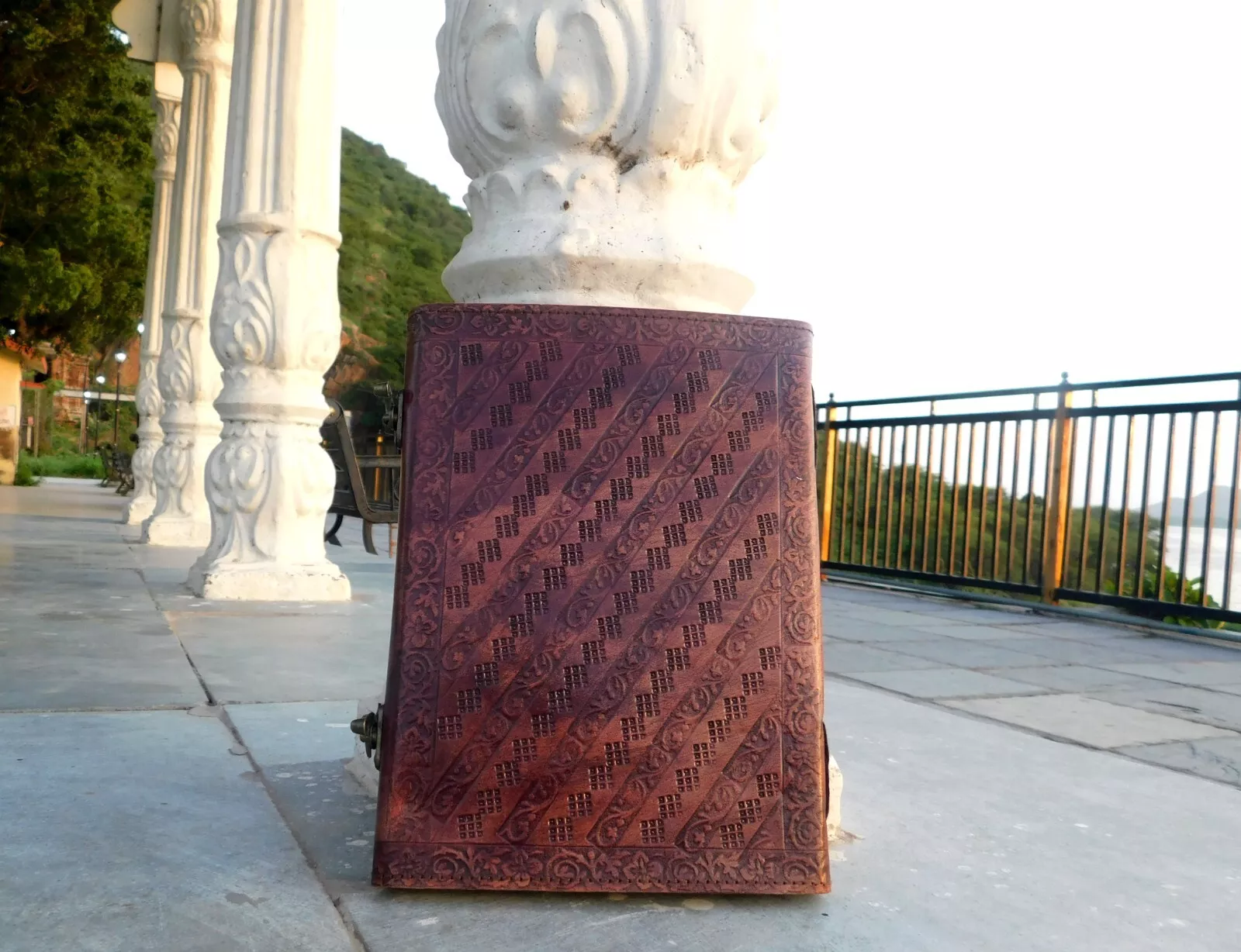 Handcrafted Embossed Design Vintage Leather Bound Journal Diary Rose Quartz Stone Antique Style Notebook For Men & Women Office Stationary Use