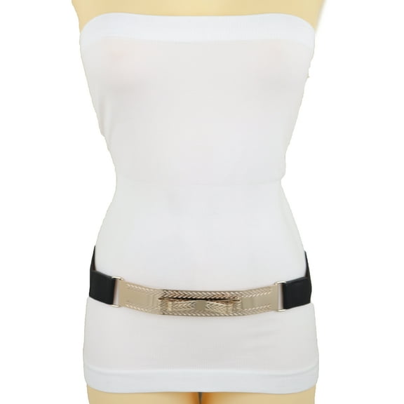 Women Skinny Black Elastic Belt Gold Metal Plate Bow Tie S M