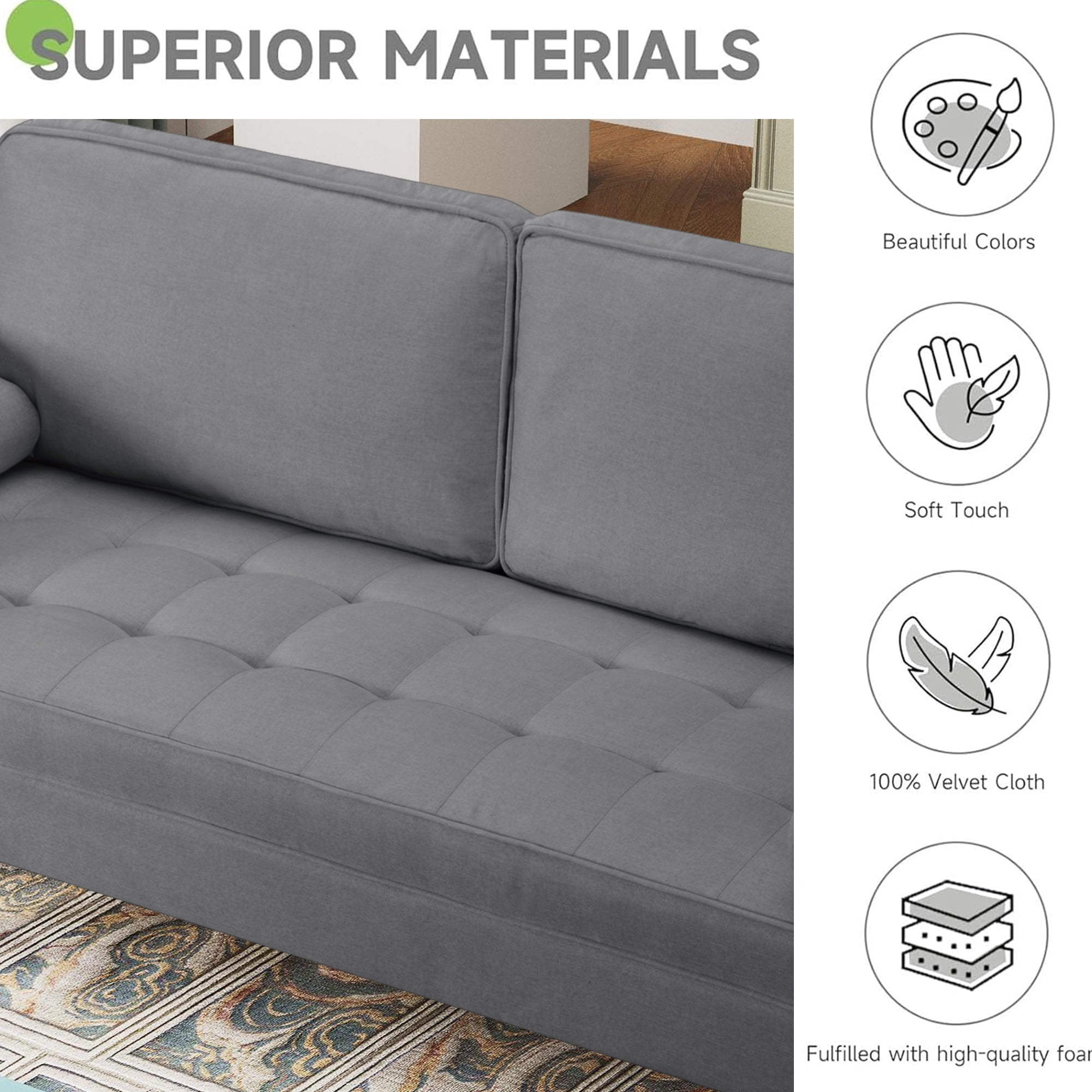 70" Modern Loveseat Sofa Couch,Mid-Century Velvet Upholstered Small Love Seat Couch with 2 Pillows for Compact Space,Living Room,Apartment,Grey
