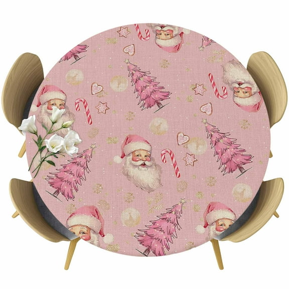 Pink Santa Christmas Table Cloth, Round Fitted Tablecloths with Elastic Edge, Xmas Tree Snowflake Rustic Wipeable Waterproof Table Cover for Kitchen Wedding 36-44 Inches