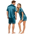 thumbnail image 6 of Garbnen Silk Matching Pajama Set for Couples 2 Piece Short Sleeve Button Down Sleepwear Pjs Shorts Set Soft Mens Loungewear Sets Shorts Blue 4XL, 6 of 8