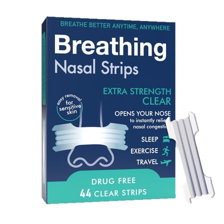 Nasal Strips | Extra Strength | Clear | For Sensitive Skin I Drug-Free Snoring Solution & Nasal Congestion Relief Caused by Colds & Allergies | 44 Count