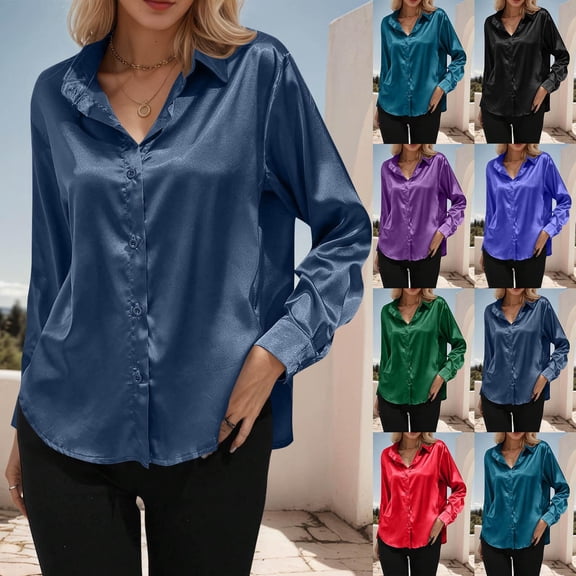 YHAJDS Blouse Womens Tops Solid Color Long Sleeve Button Lapel Stylish Daily Wear Casual Blouse Spring Summer