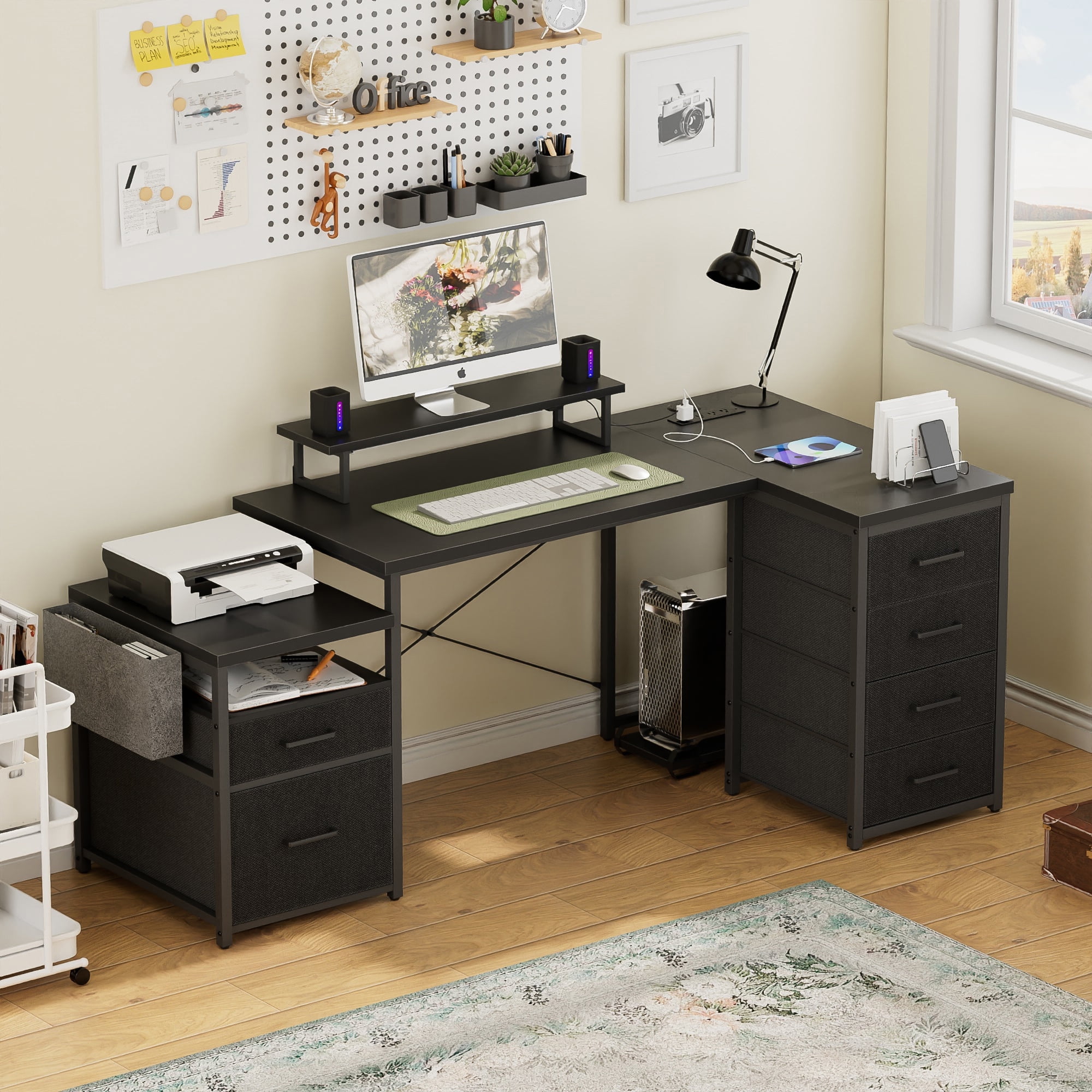 Homieasy Reversible L Shaped Computer Desk with Fabric File Drawers, 70.8" Large Office Desk with RGB LED Lights & Power Outlets & Monitor Stand & CPU Stand, Sturdy Corner Gaming Desk, Black