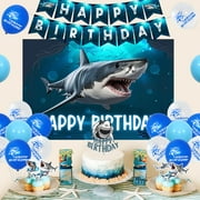 Shark Decorations for Boys Blue Shark Happy Banner Backdrop Shark Banner Cake Toppers Shark Theme Party Supplies Under the Sea Ocean Shark Party Decoration MS