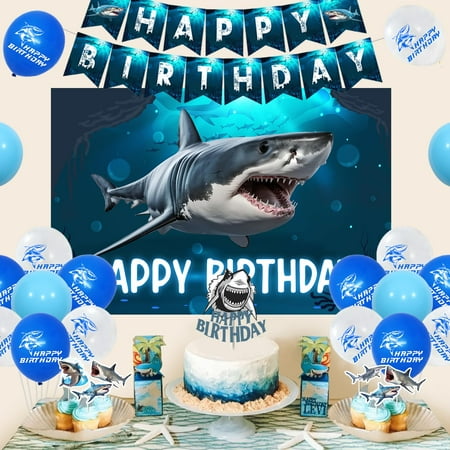 Shark Decorations for Boys Blue Shark Happy Banner Backdrop Shark Banner Cake Toppers Shark Theme Party Supplies Under the Sea Ocean Shark Party Decoration MS