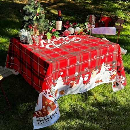 

Christmas Tartan and Santa Table Cloth - Square 60x60 inch - Waterproof Holiday Decorative Print New Year s Eve Cloth Tablecloth Table Covering for Party Kitchen Dining Room Outdoor Use