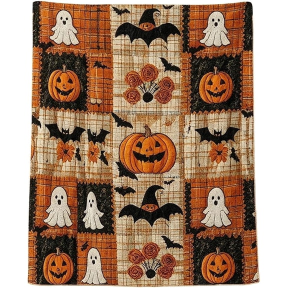Halloween Throw Blanket, Flannel Patchwork Pumpkin Ghost Fleece Cover for Couch Bed Sofa